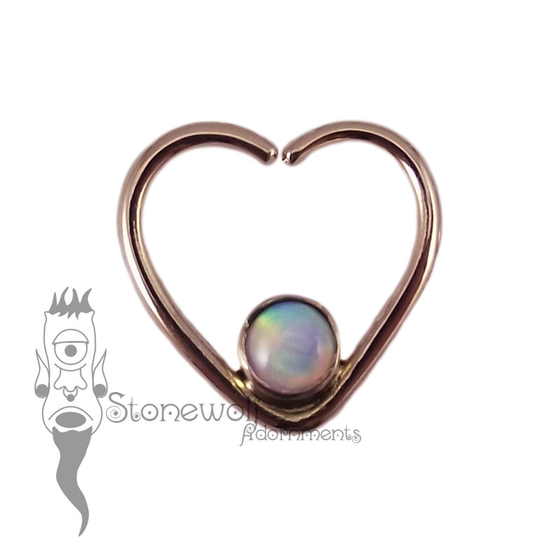 18K Rose Gold Heart Seam Ring with White Aurora Opal Stone - Click Image to Close