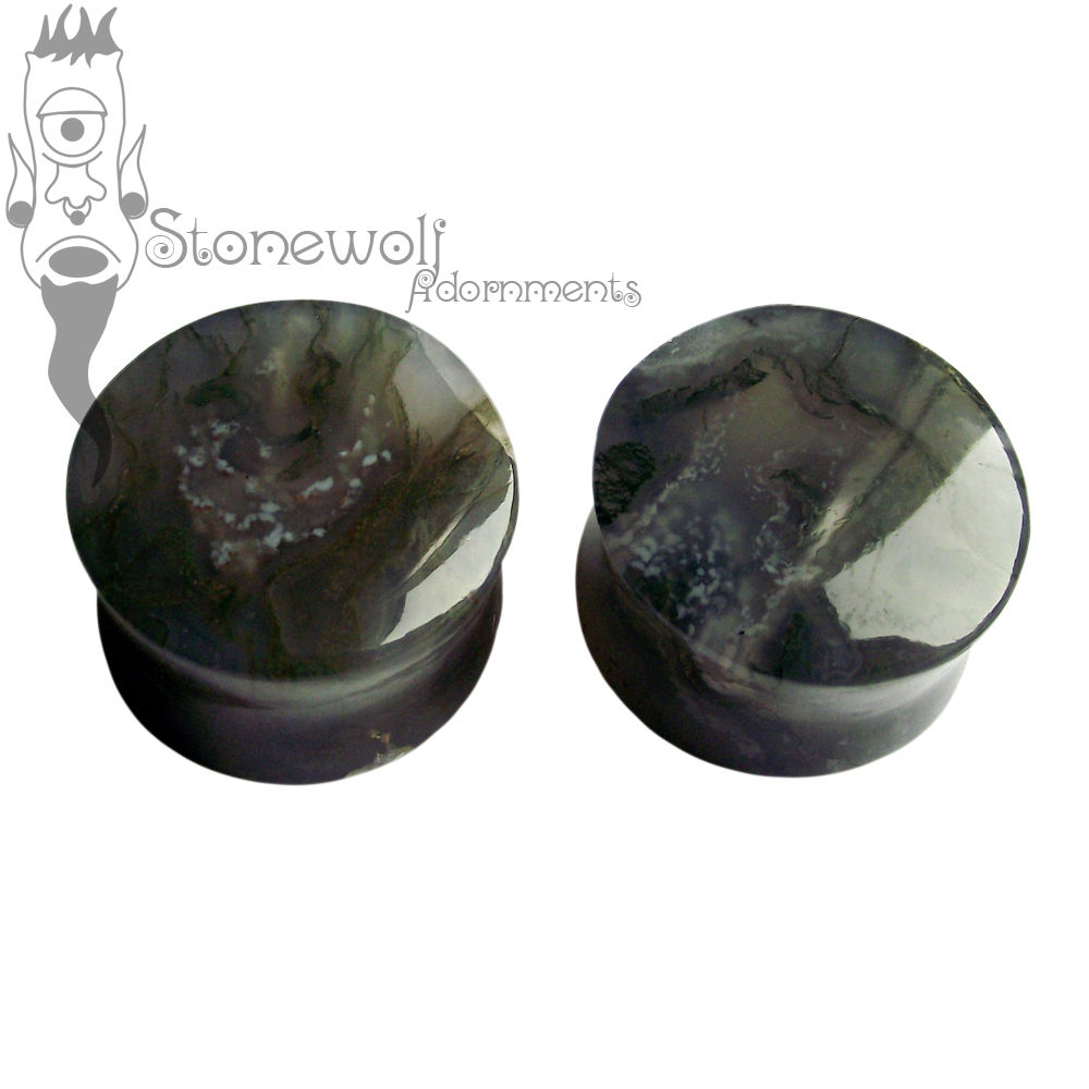 Pair of Green Moss Agate Stone Plugs Double Flared Made to Order - Click Image to Close