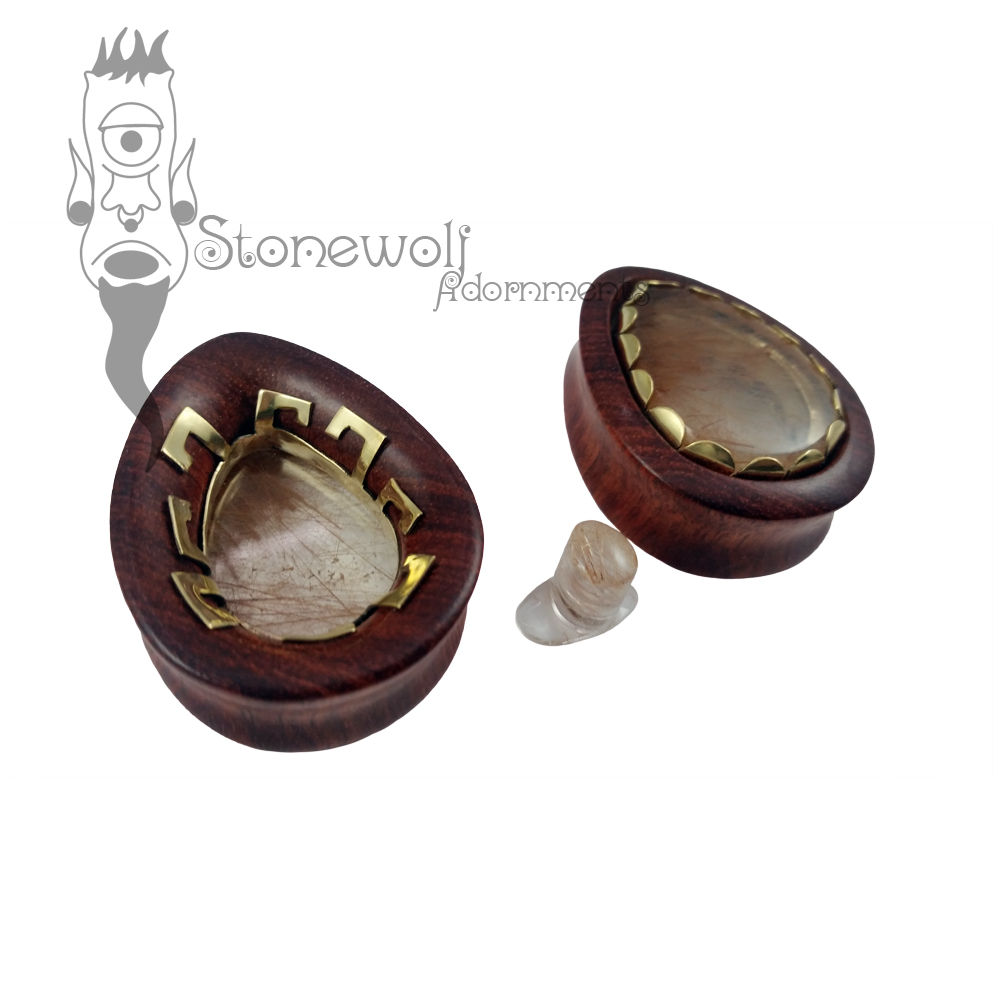 Pair of Wood Teardrop Plugs with Stone Inlay- Made to Order - Click Image to Close