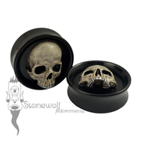Pair of Delrin 35mm Plugs with Skull Inlay - Ready To Ship