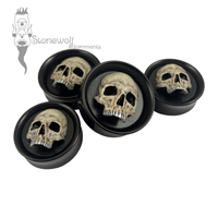 Pair Of Delrin Double Flared Plugs with Hand Painted Skull Inlay