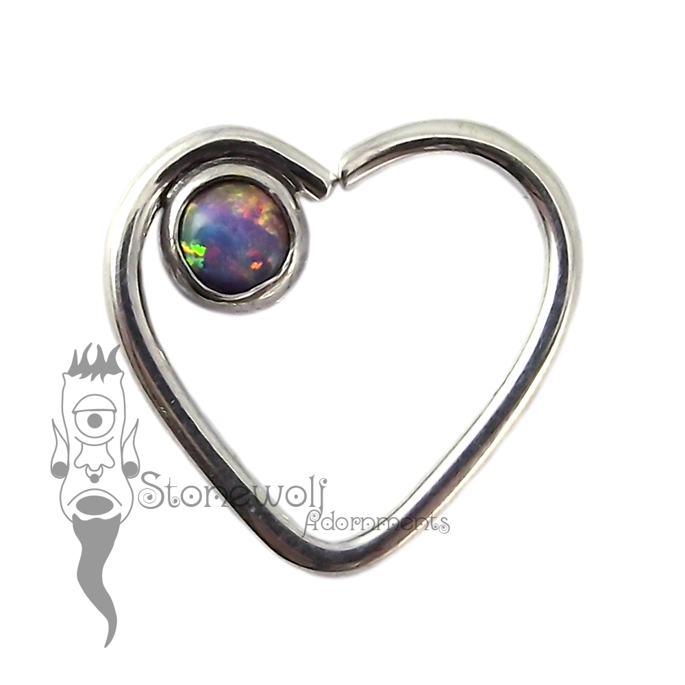 925 Silver Heart Seam Ring with Purple Opal Stone -Ready To Ship - Click Image to Close