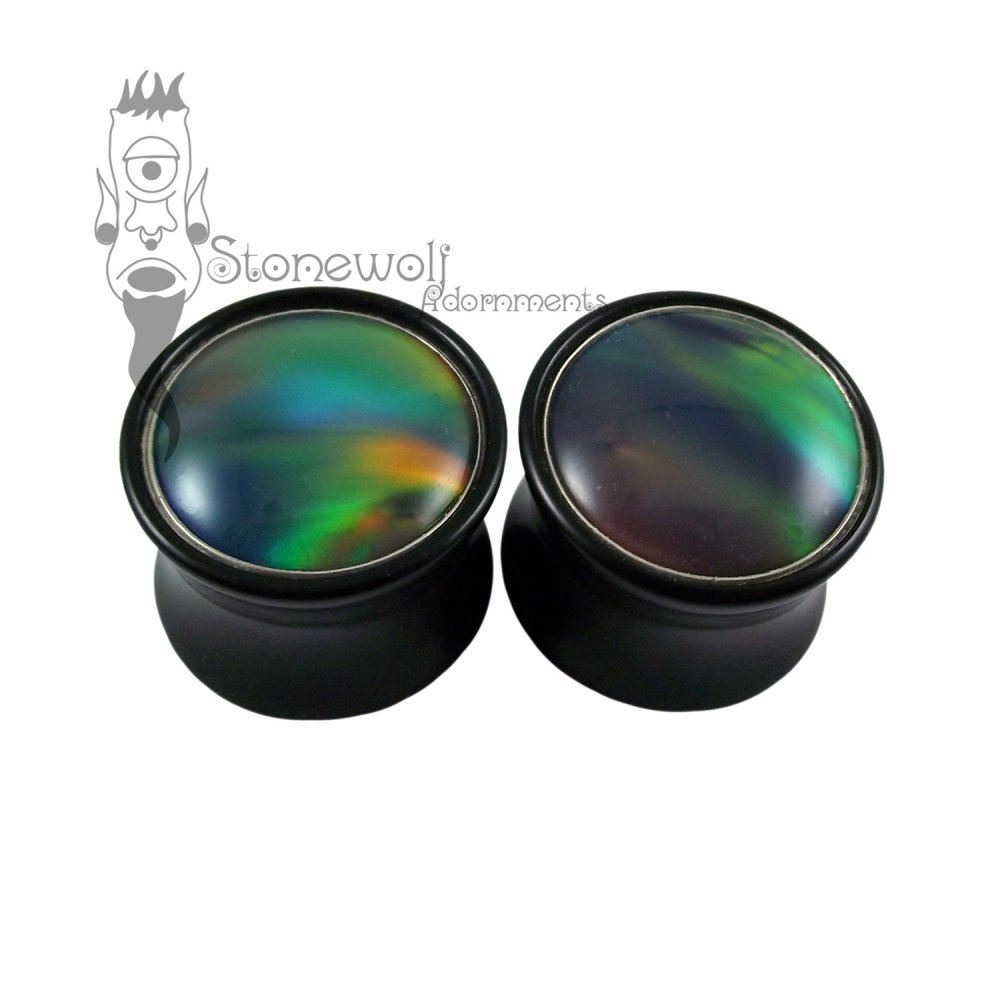 Pair of Delrin Plugs with Aurora Opal Inlay Made to Order