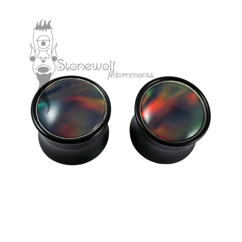 Pair of Delrin Plugs with Aurora Opal Inlay Made to Order