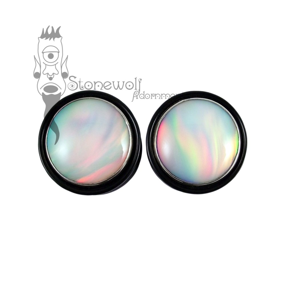 Pair of Delrin Plugs with Aurora Opal Inlay Made to Order - Click Image to Close