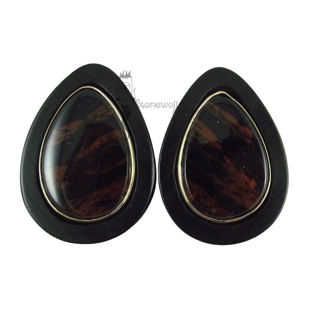 Pair of Wood Teardrop Plugs with Stone Inlay