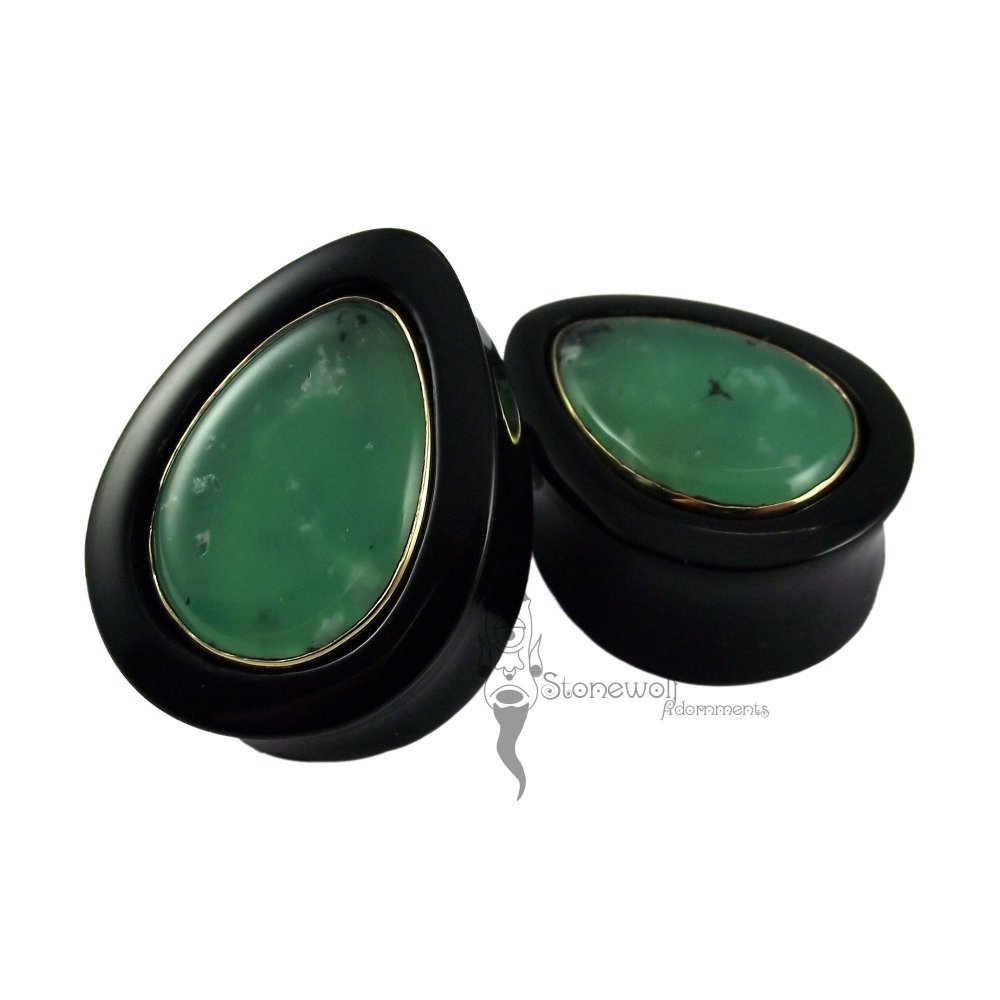 Pair Delrin Double Flared Teardrop Plugs with Stone Inlay