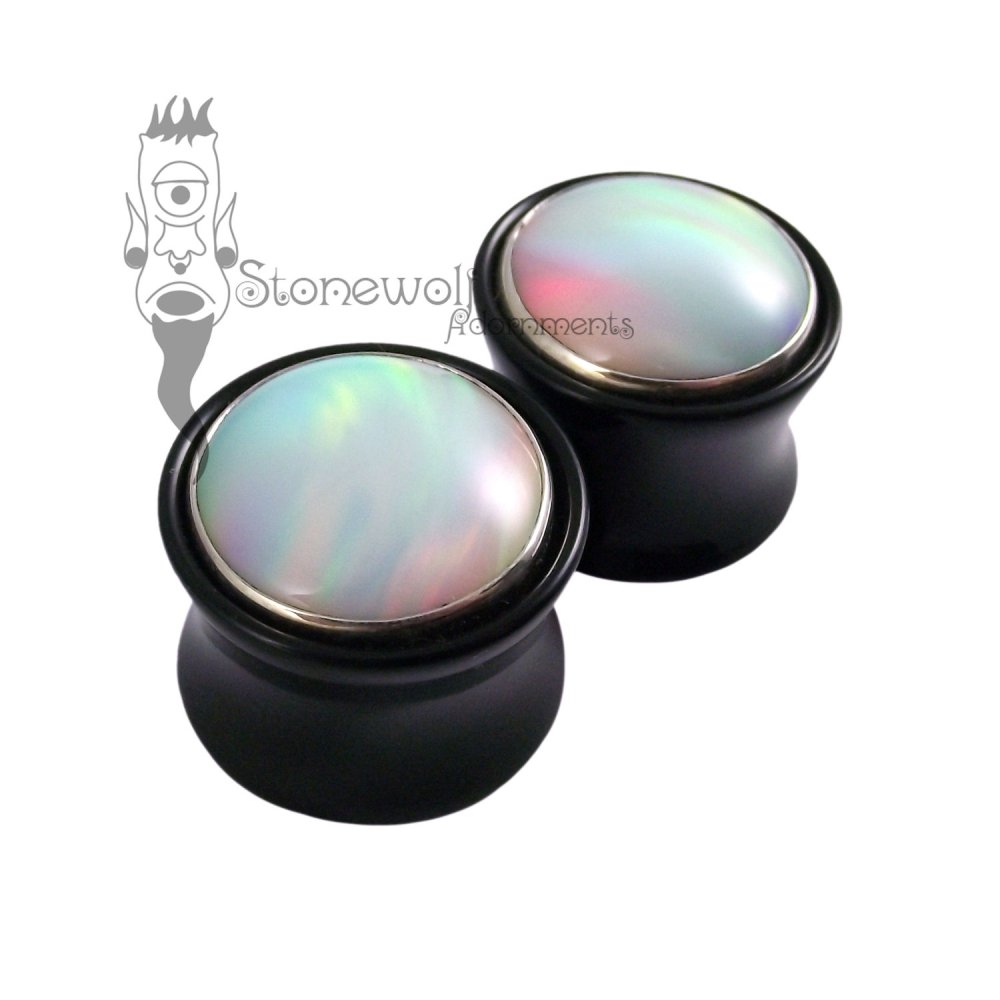 Pair of Delrin Plugs with Aurora Opal Inlay Made to Order - Click Image to Close