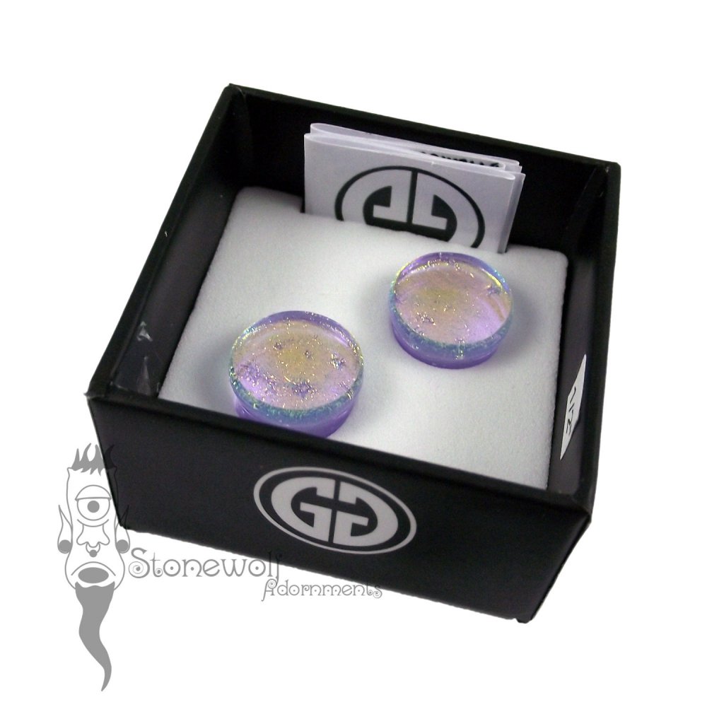 Gorilla Glass 12mm Lavender Gold Dichroic Double Flared Plugs - Click Image to Close