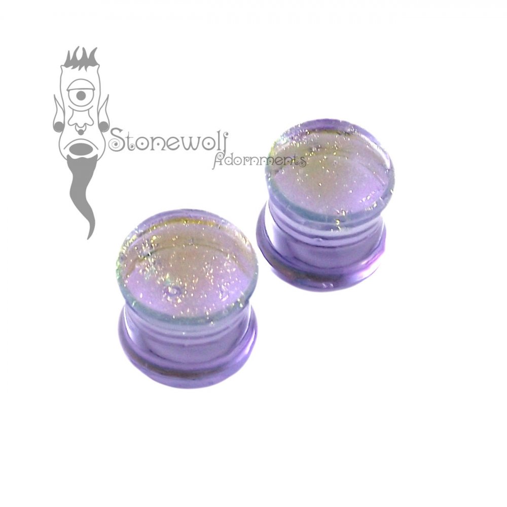 Gorilla Glass 12mm Lavender Gold Dichroic Double Flared Plugs - Click Image to Close
