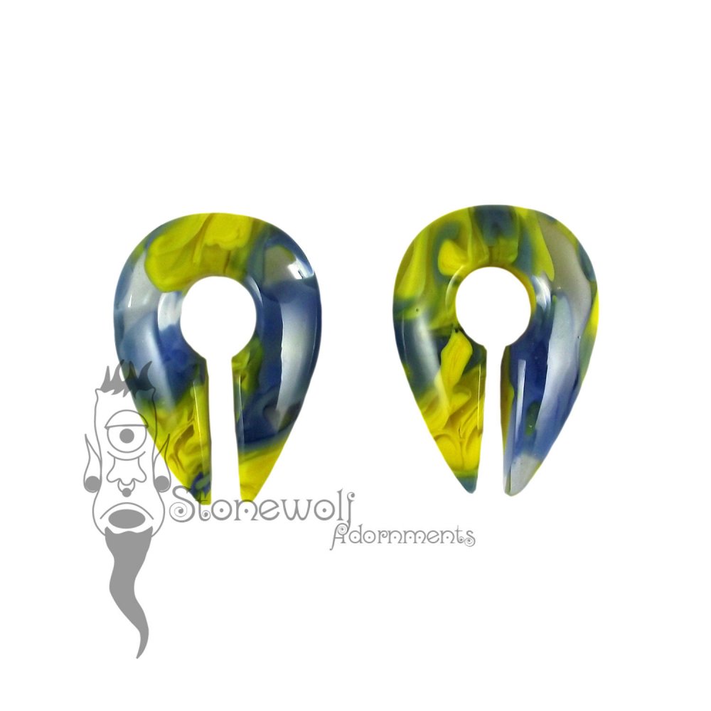 Gorilla Glass Blue & Yellow Power Keyhole Ear Weights - Click Image to Close