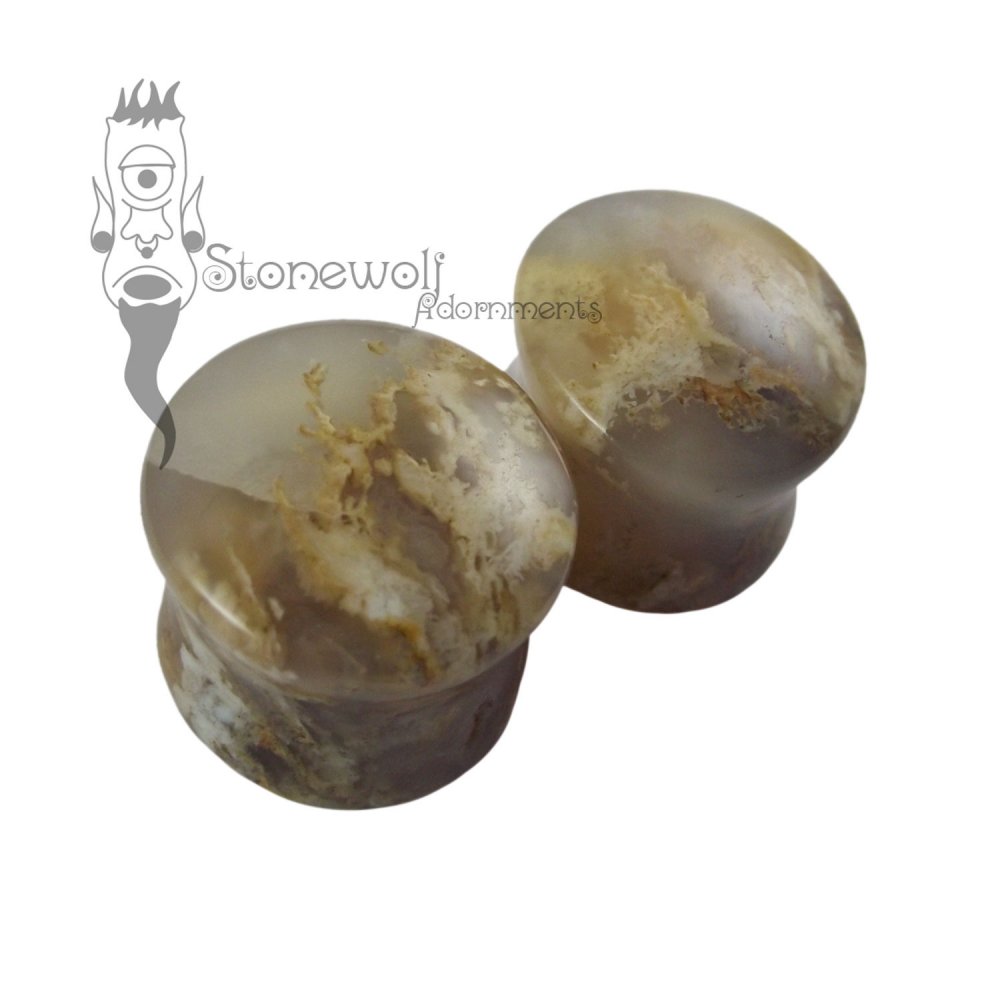 Pair of Graveyard Plume Agate Plugs Double Flared Made to Order