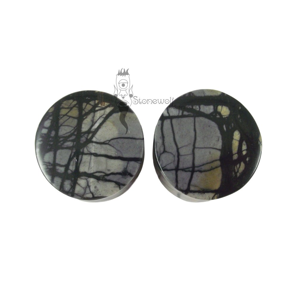 Pair of Grey Picasso Jasper Stone Plugs Double Flared