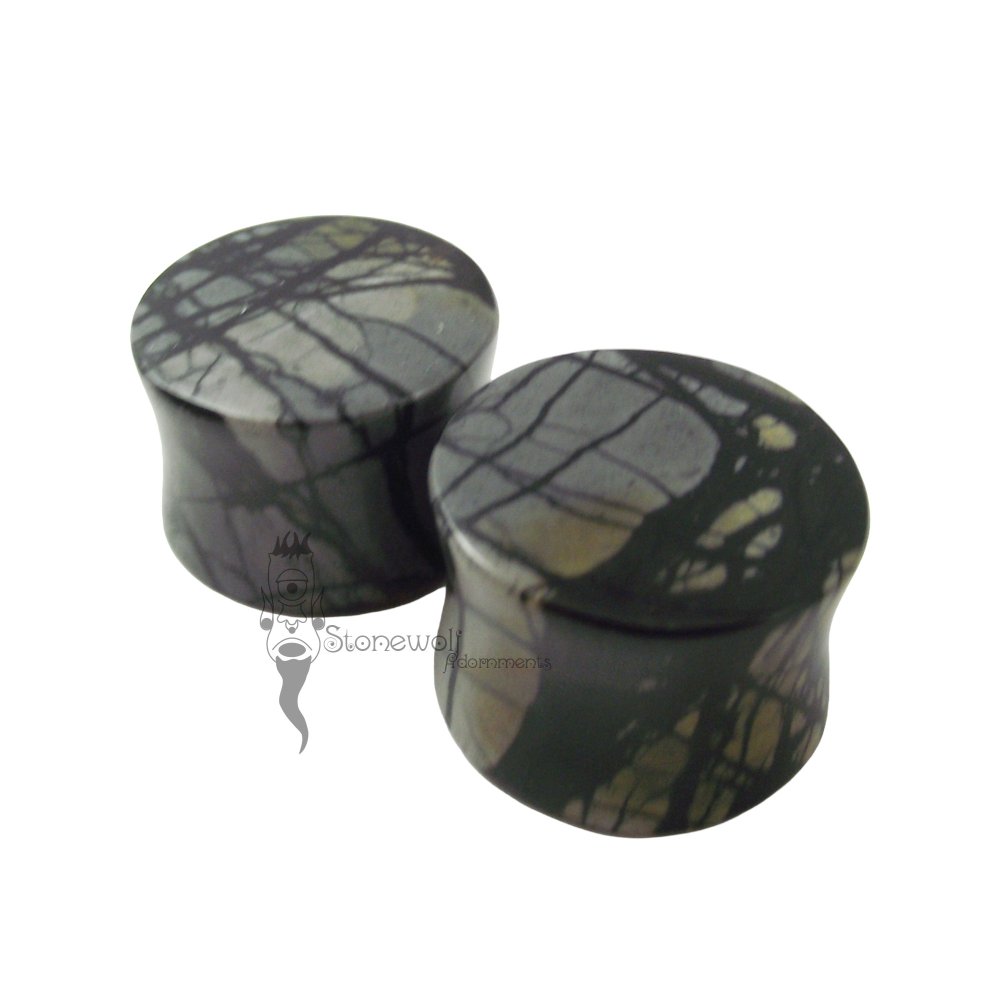 Pair of Grey Picasso Jasper Stone Plugs Double Flared