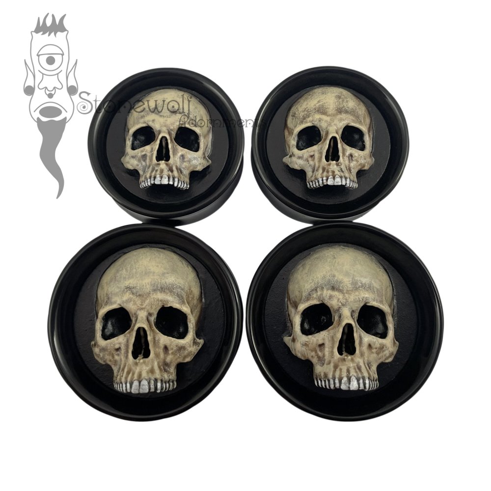 Pair Of Delrin Double Flared Plugs with Hand Painted Skull Inlay