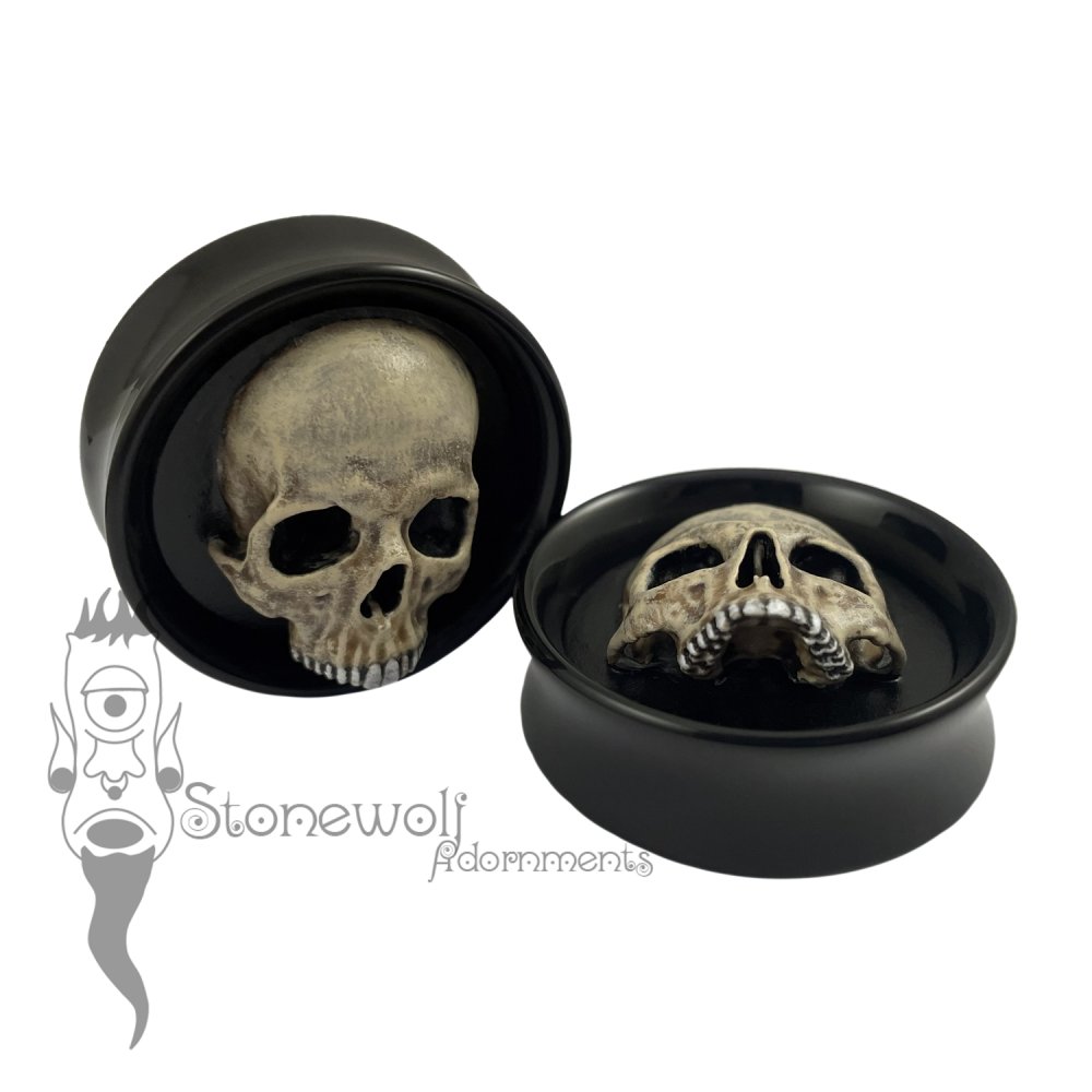 Pair Of Delrin Double Flared Plugs with Hand Painted Skull Inlay