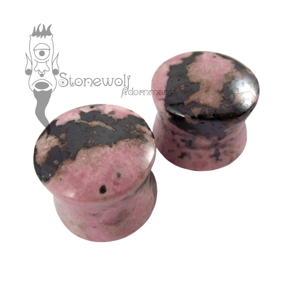 Pair of Rhodonite Stone Plugs Double Flared Made to Order - Click Image to Close