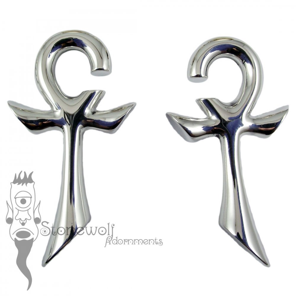 Pair of Silver Large Ankh Of Life Ear Weights - Click Image to Close