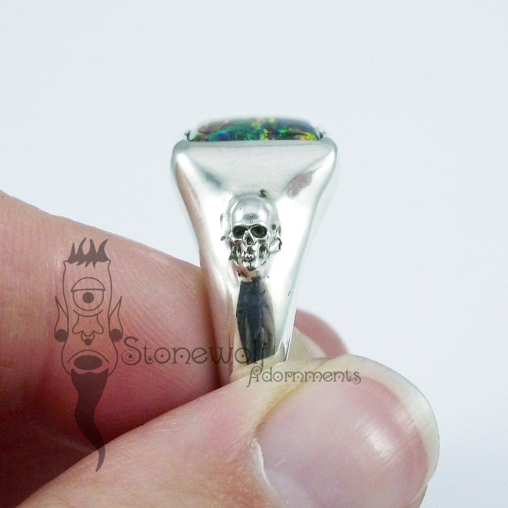 Square Stone Signet Ring with Skulls 925 Sterling Silver - Click Image to Close