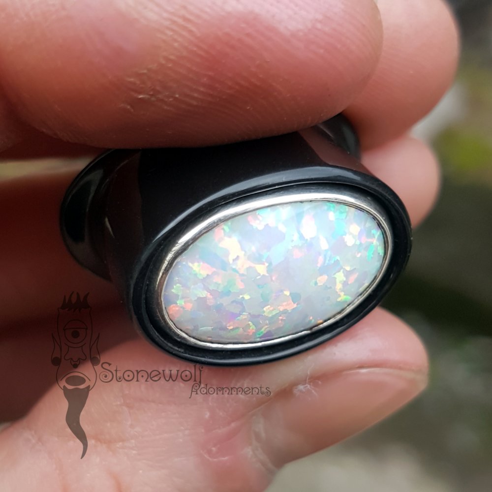 Delrin Oval Labret with Synthetic Opal Inlay - Made to Order - Click Image to Close