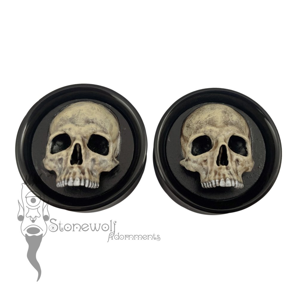 Pair of Delrin 30mm Plugs with Skull Inlay - Ready To Ship