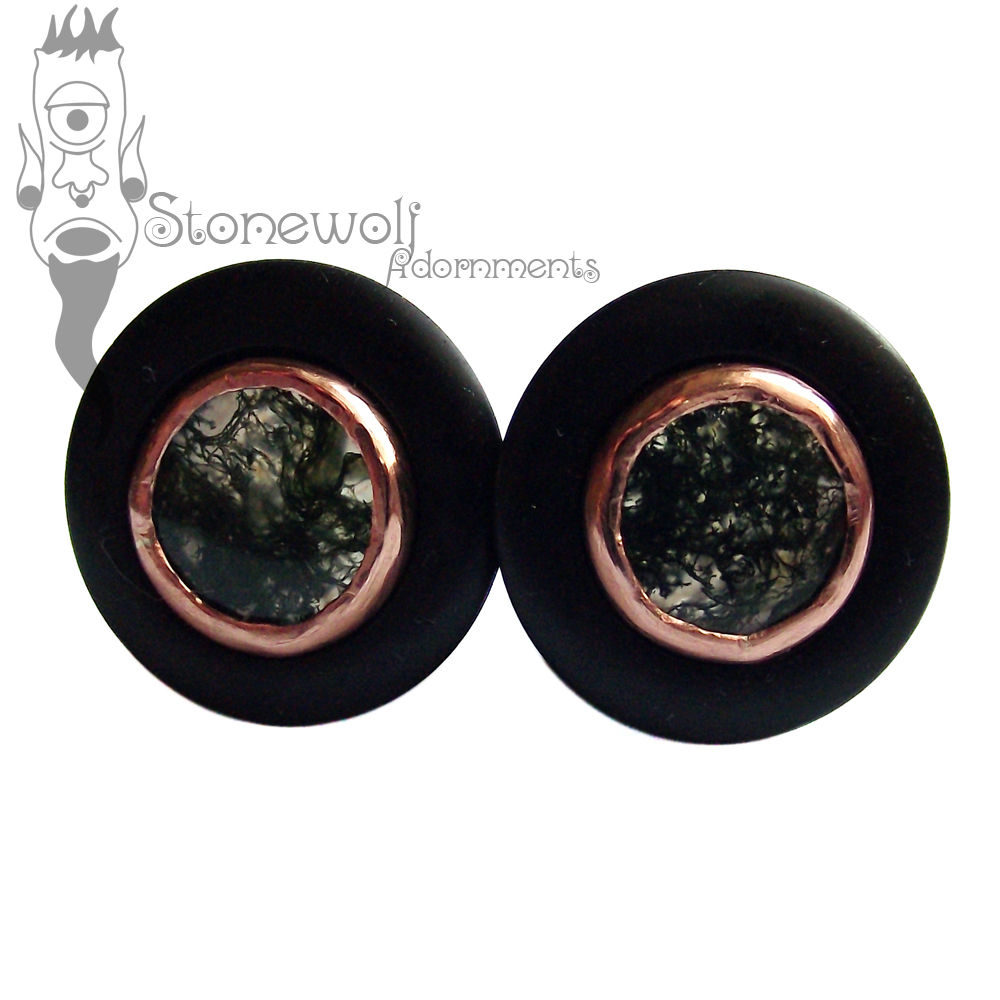 Black Ebony Trumpet Flared Plugs 14mm Copper Green Moss Inlay - Click Image to Close