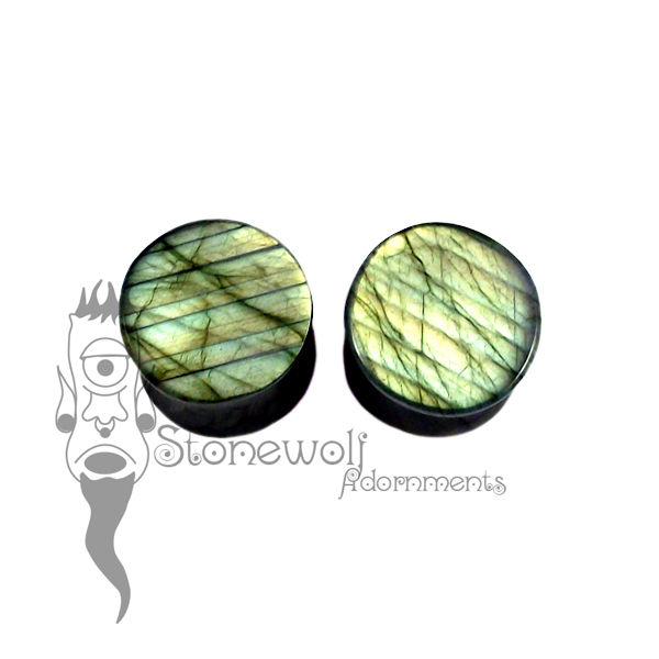 Pair of Labradorite Stone Plugs Double Flared Made to Order - Click Image to Close