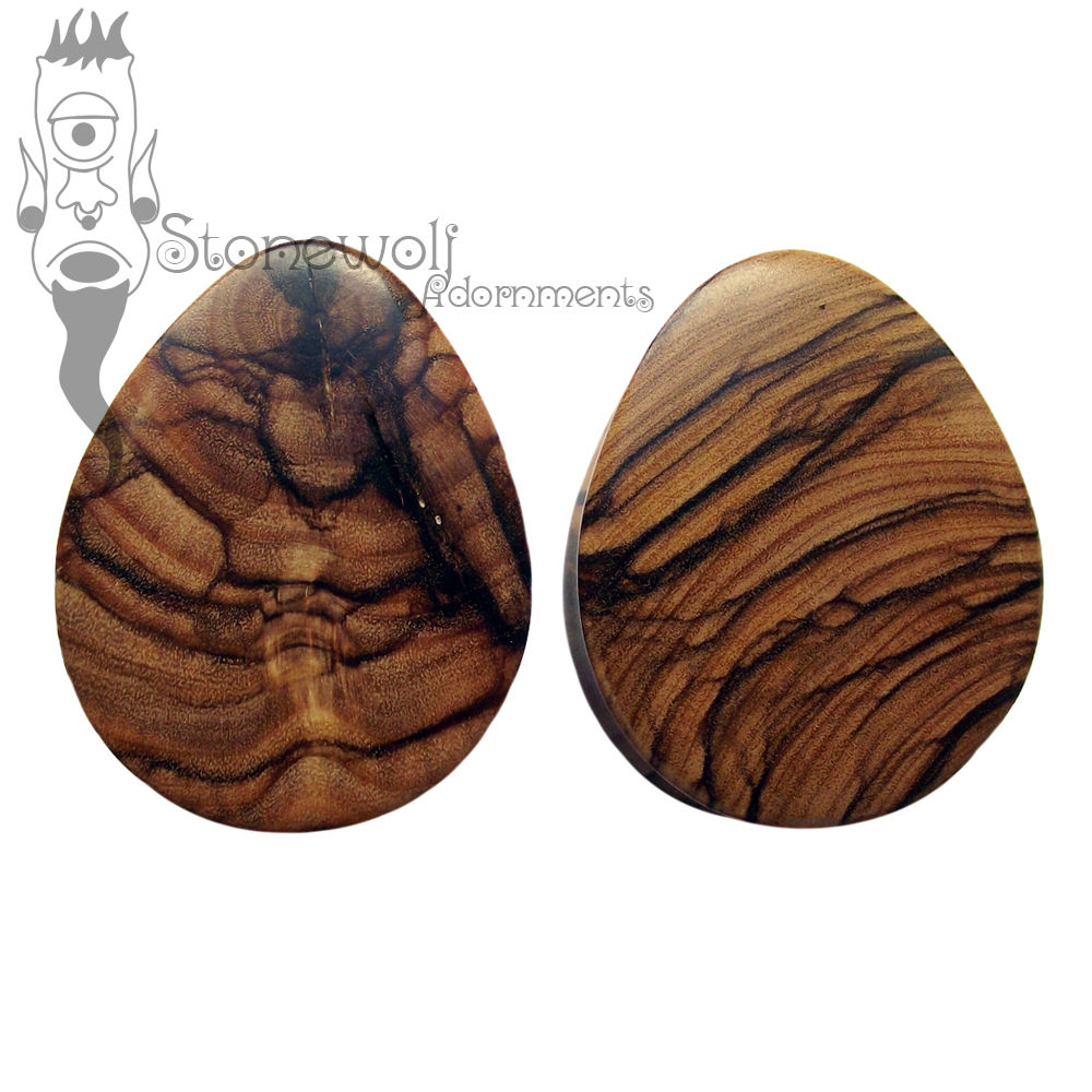 Pair of Olive Wood Teardrop Plugs Double Flared- Made to Order - Click Image to Close