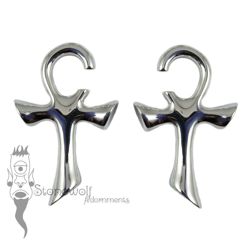 Pair of Silver Small Ankh of Life Ear Weights - Click Image to Close