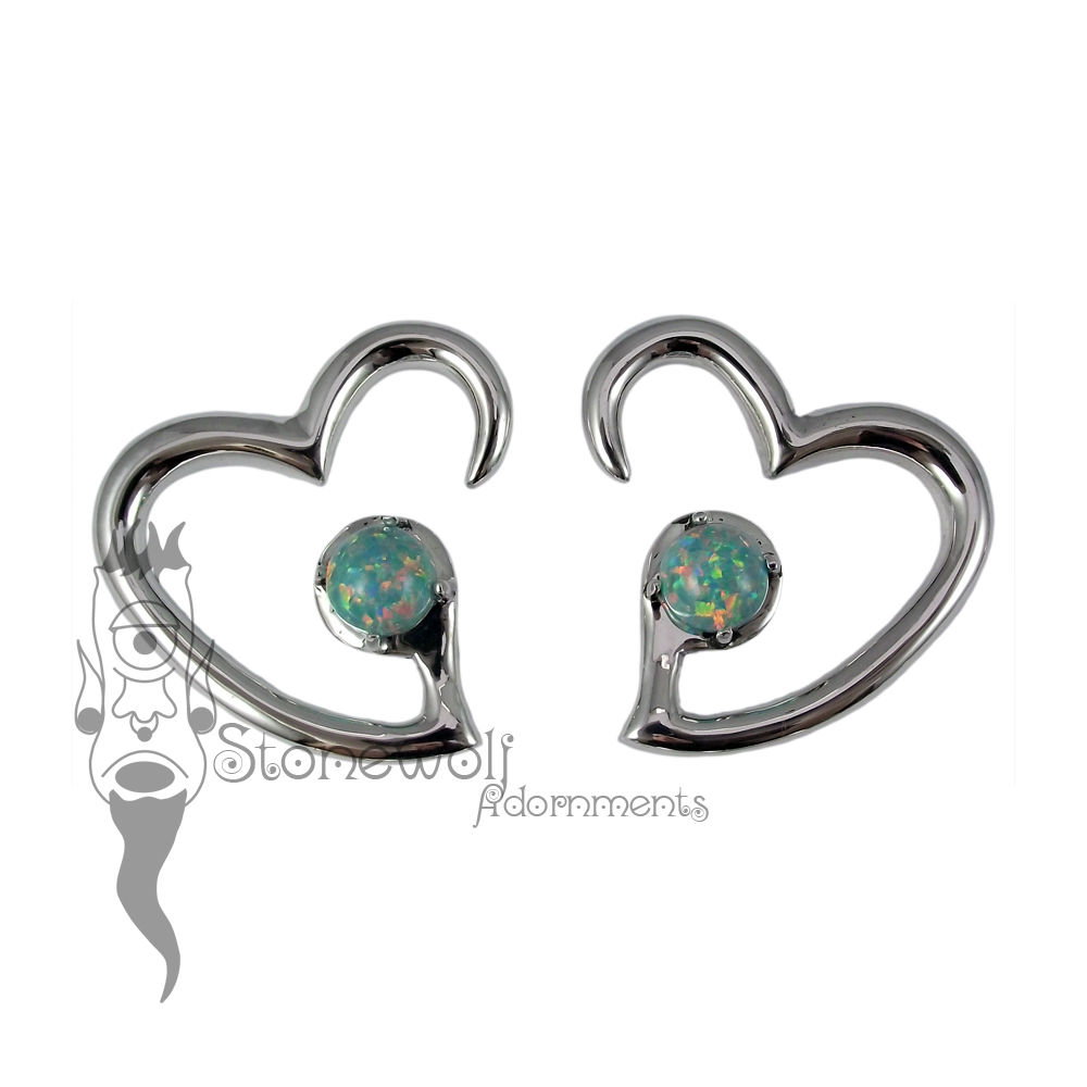 Pair of Silver Jewel of my Heart Weights - Blue Synthetic Opal - Click Image to Close